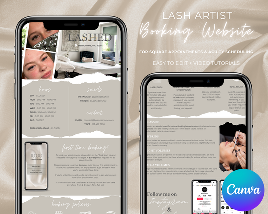 Lash Artist Square/Acuity Booking Website - Canva Template