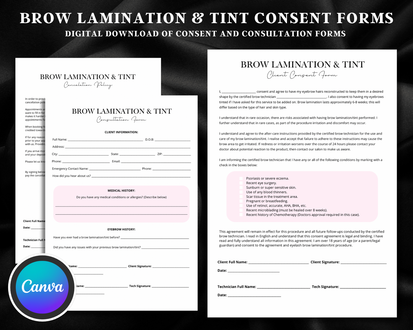 Brow Lamination & Tint Client Consent Forms (3 PGS) - Canva Template