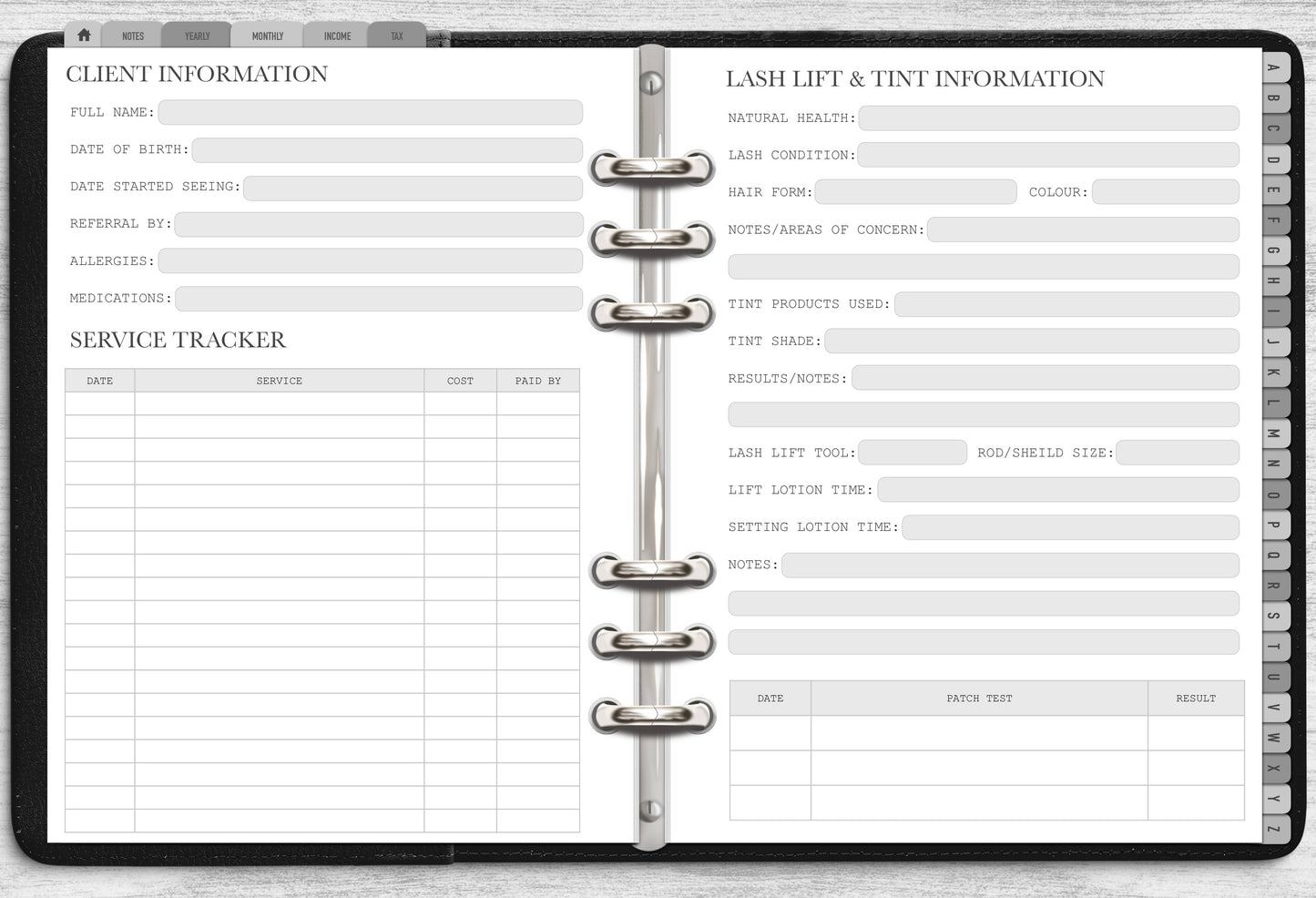 DIGITAL Lash Lift & Tint Client Record Book
