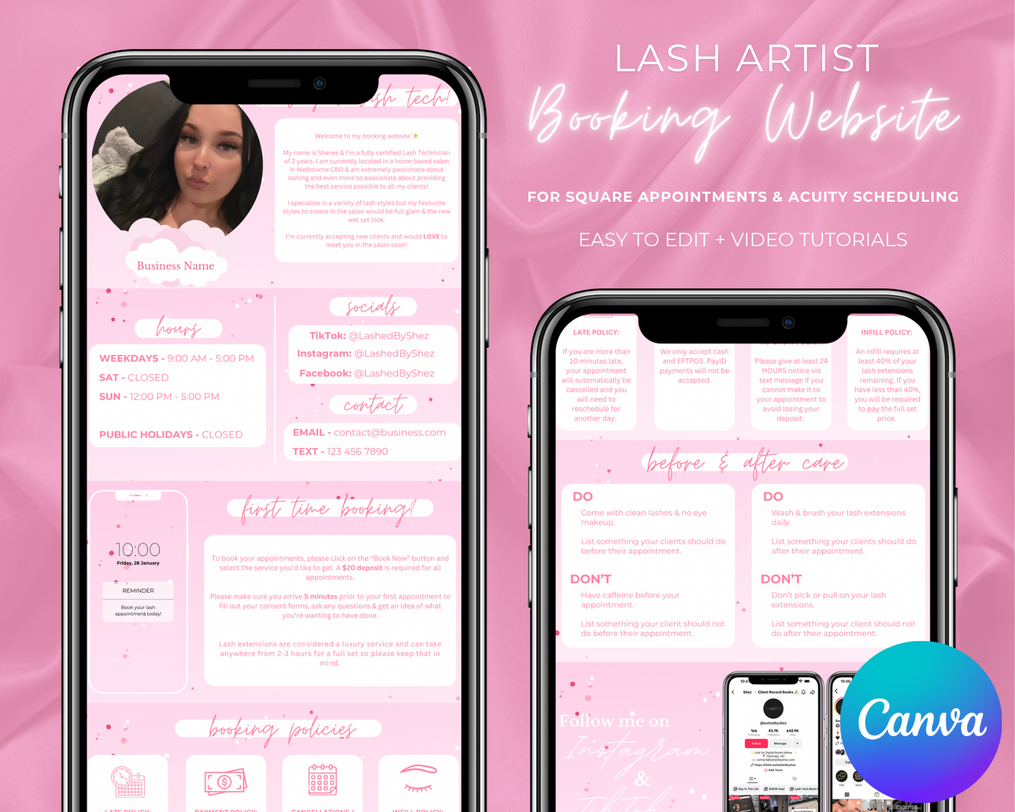 Lash Artist Square/Acuity Booking Website - Canva Template