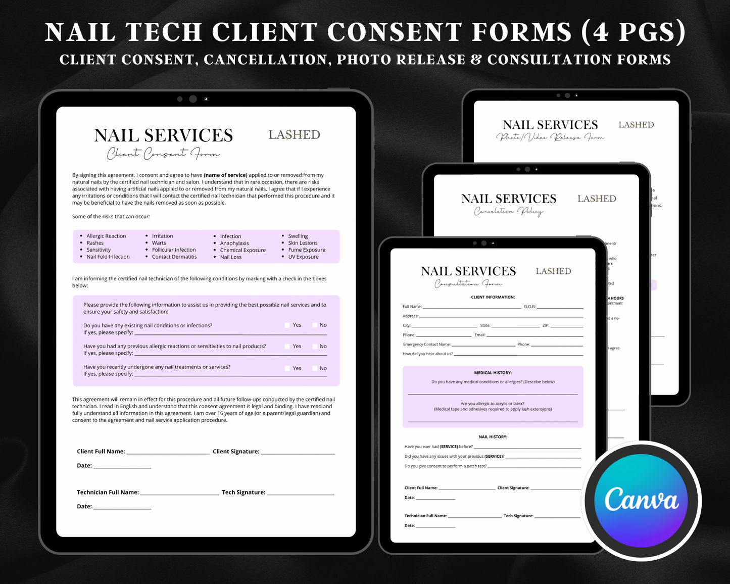 Nail Tech Client Consent Forms (4 PGS) - Canva Template