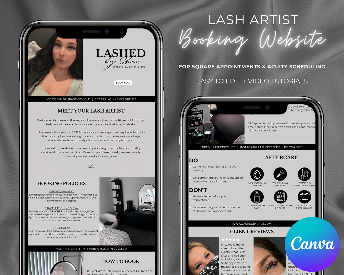 Lash Artist Square/Acuity Booking Website - Canva Template