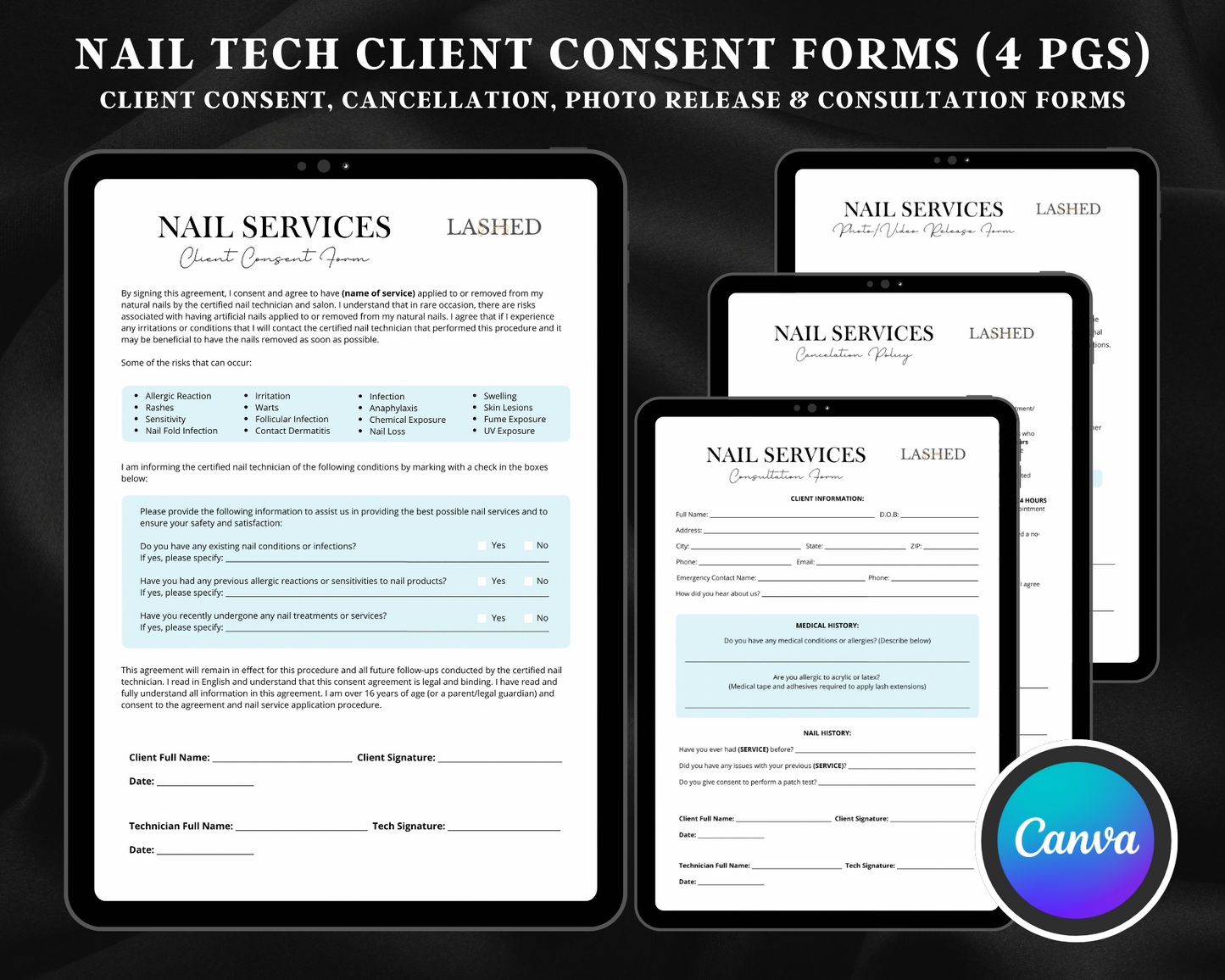 Nail Tech Client Consent Forms (4 PGS) - Canva Template