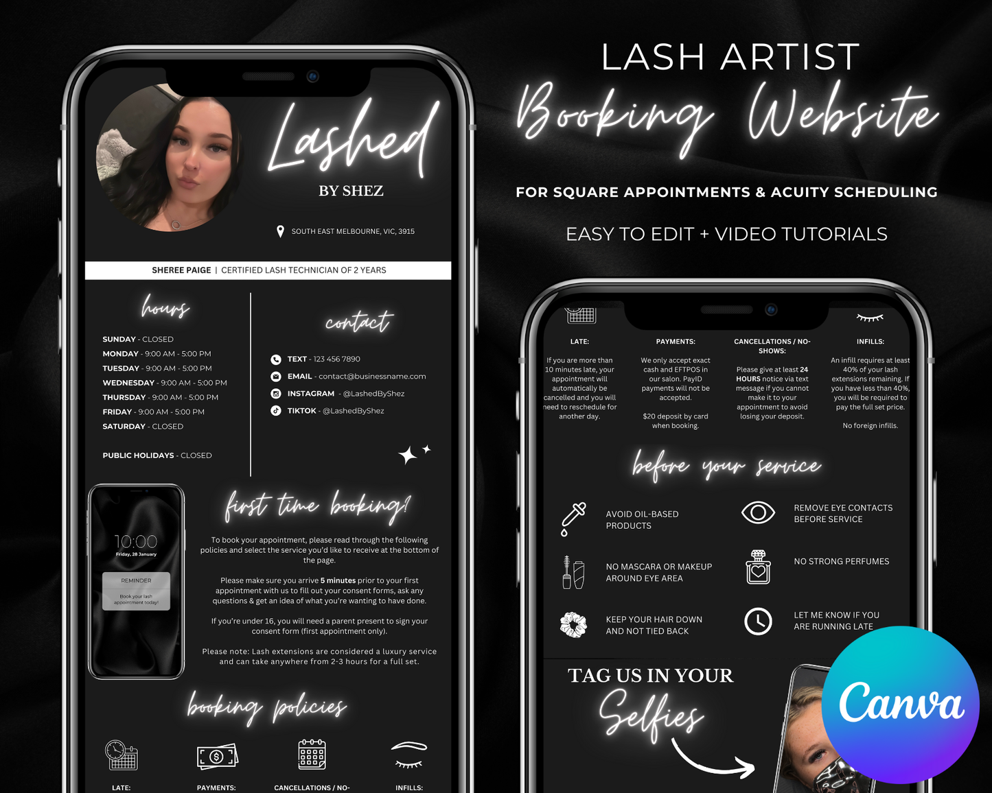 Lash Artist Square/Acuity Booking Website - Canva Template