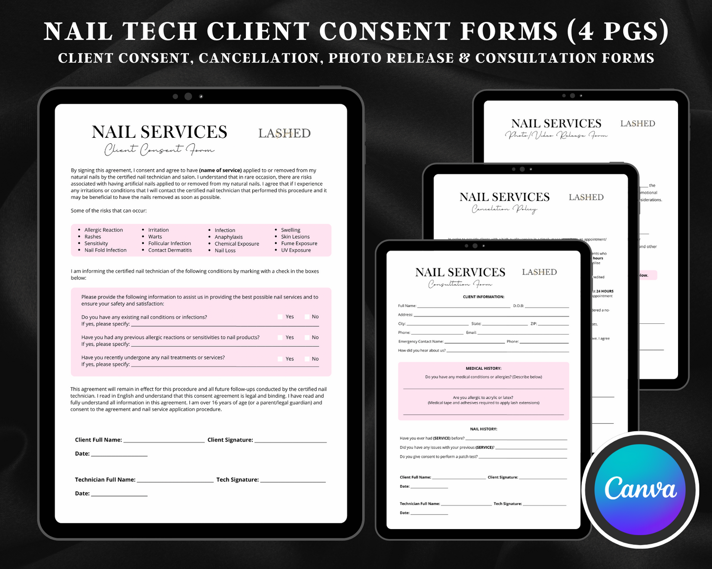 Nail Tech Client Consent Forms (4 PGS) - Canva Template