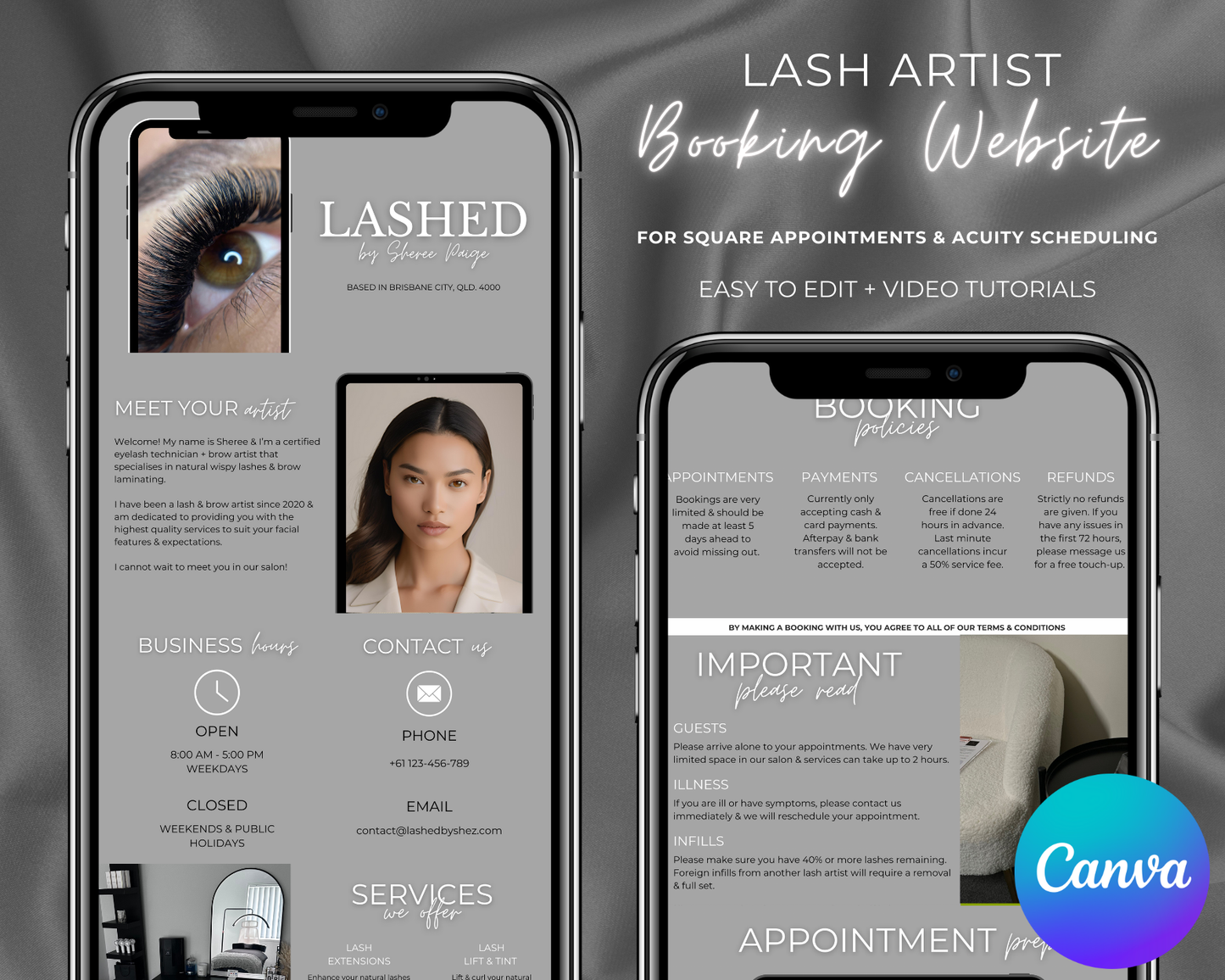 Lash Artist Square/Acuity Booking Website - Canva Template