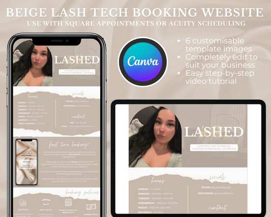 Beige Lash Technician Booking Website - Canva Template