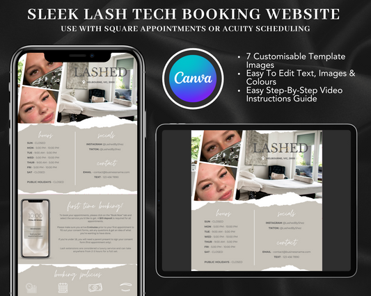 Sleek Lash Technician Booking Website - Canva Template