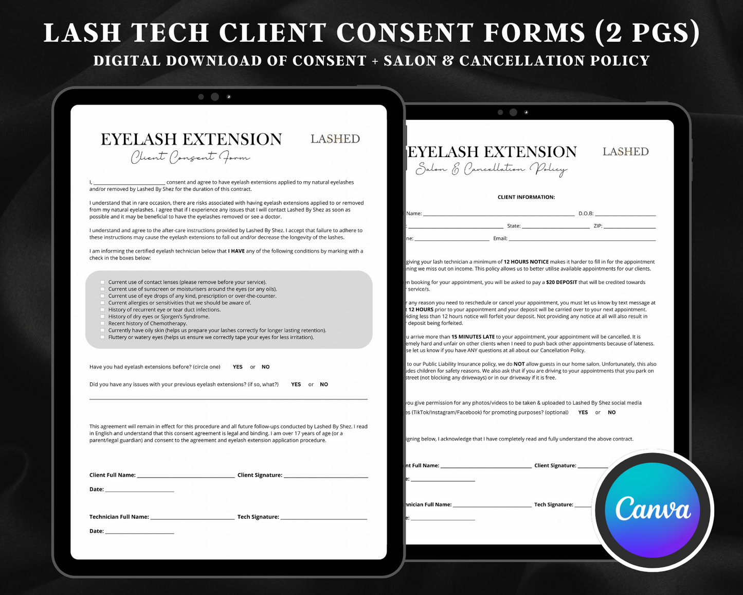 Lash Tech Client Consent Forms (2 PGS) - Canva Template