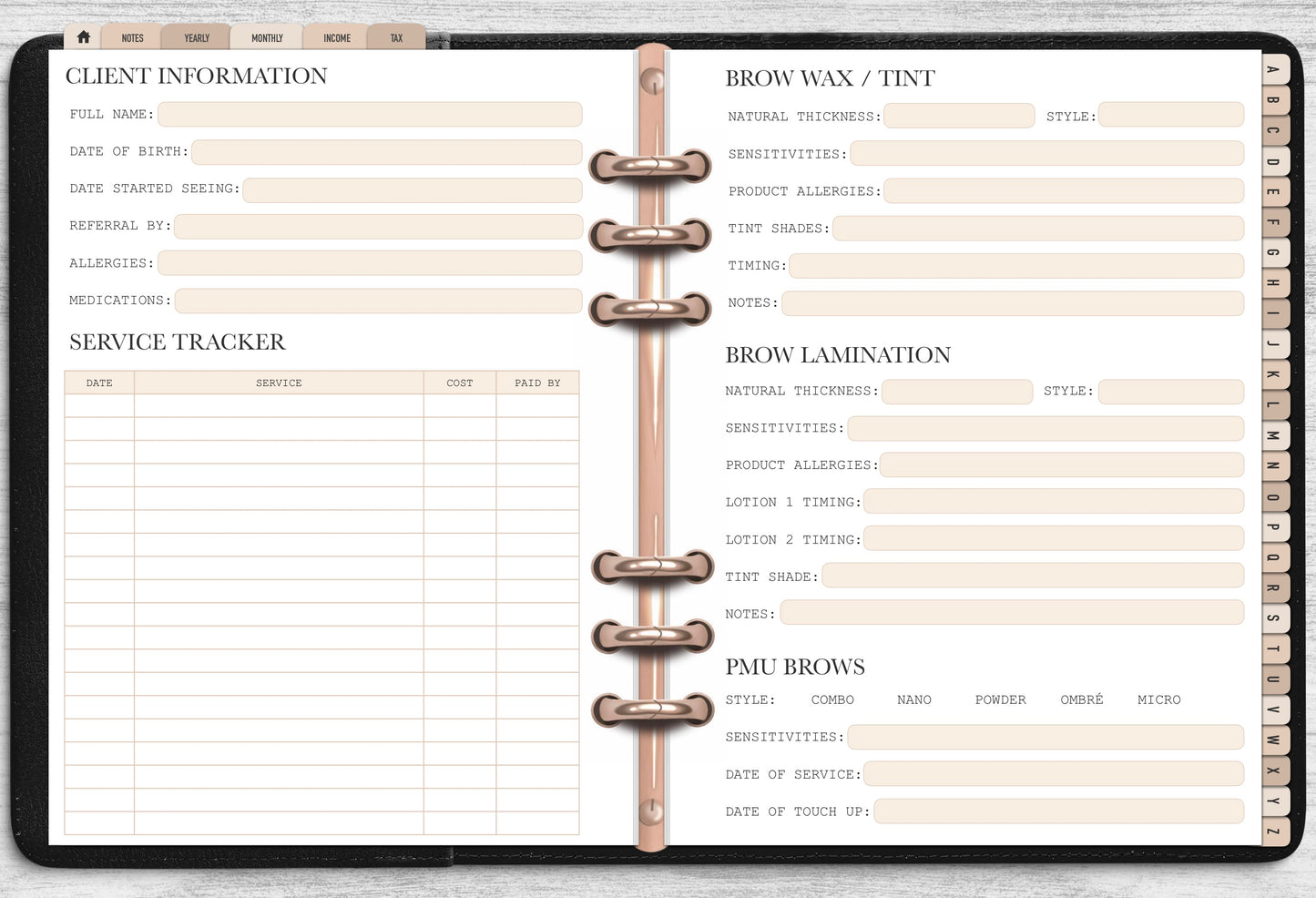 DIGITAL Brow Tech Client Record Book