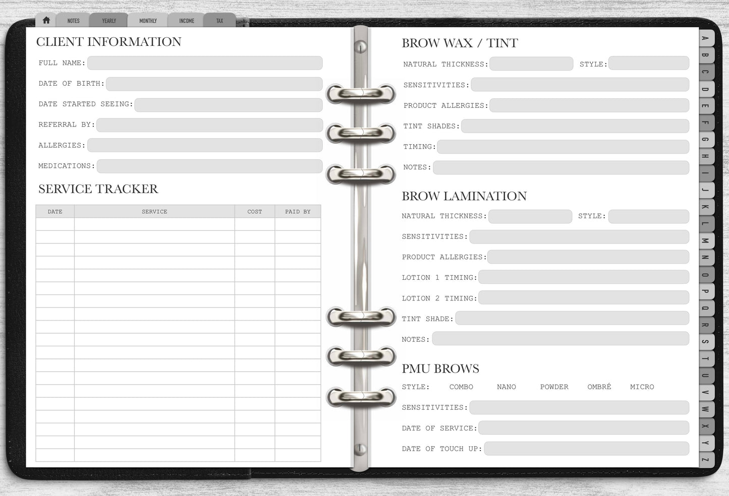 DIGITAL Brow Tech Client Record Book