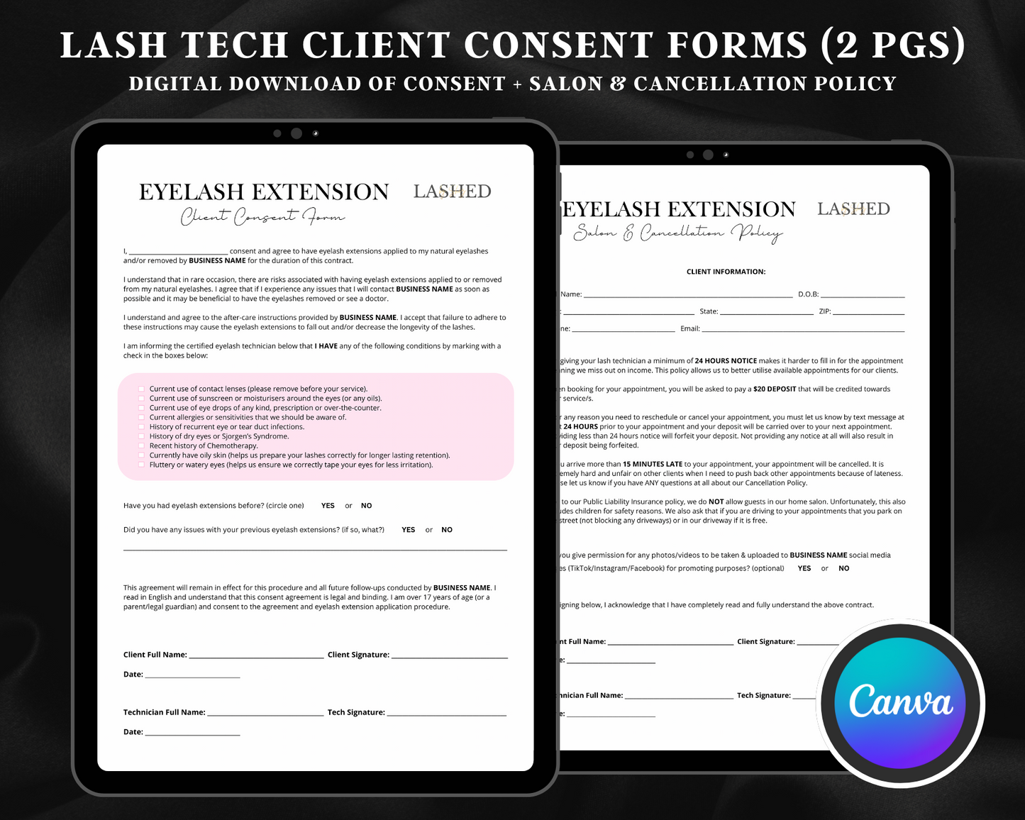 Lash Tech Client Consent Forms (2 PGS) - Canva Template