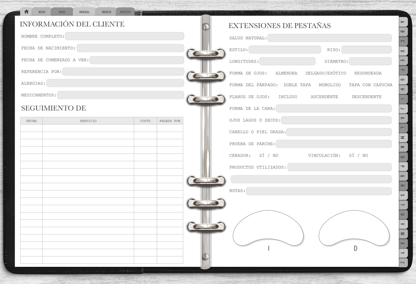 DIGITAL Lash Client Record Book (SPANISH)